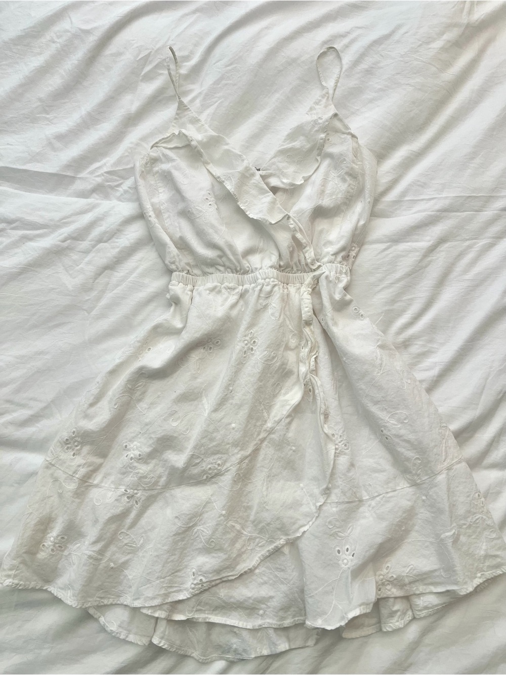 Express White Eyelet Wrap Mini Dress with Ruffle Trim XXS